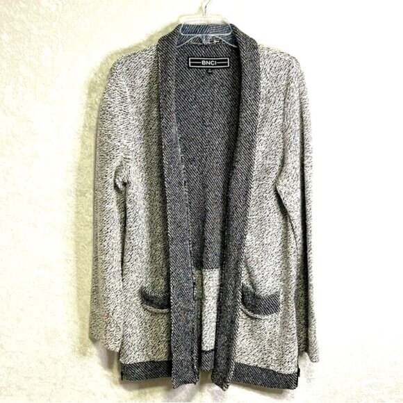 BNCI BLANC NOIR Cardigan Sweater Tunic Length Open Front Womens XL Pockets Black - Picture 1 of 14